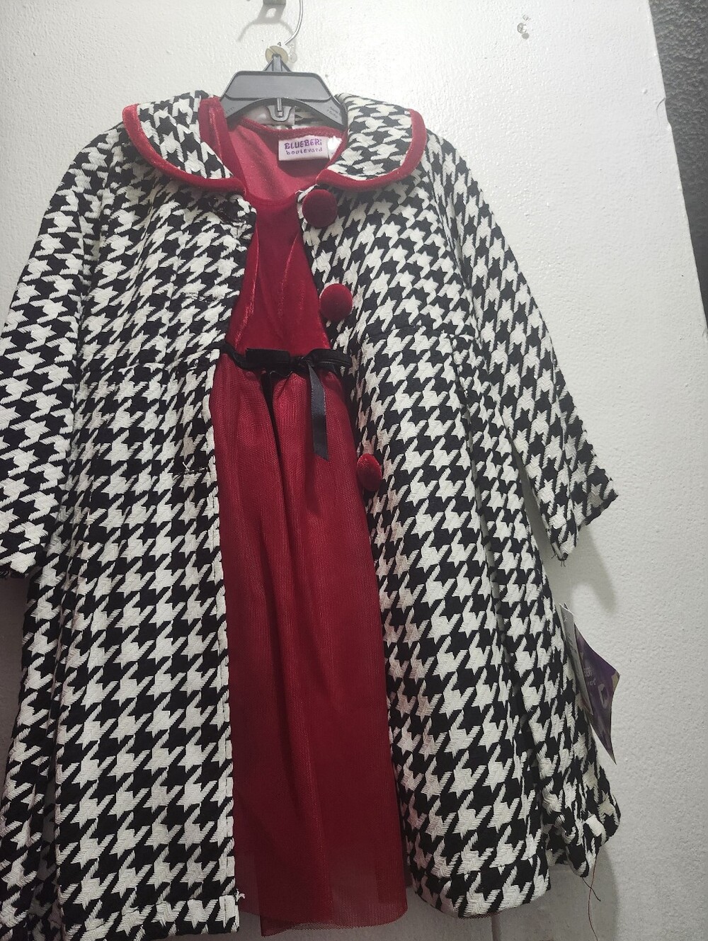 Blueberi Boulevard Kids Black & White Houndstooth Coat with Red Dress
